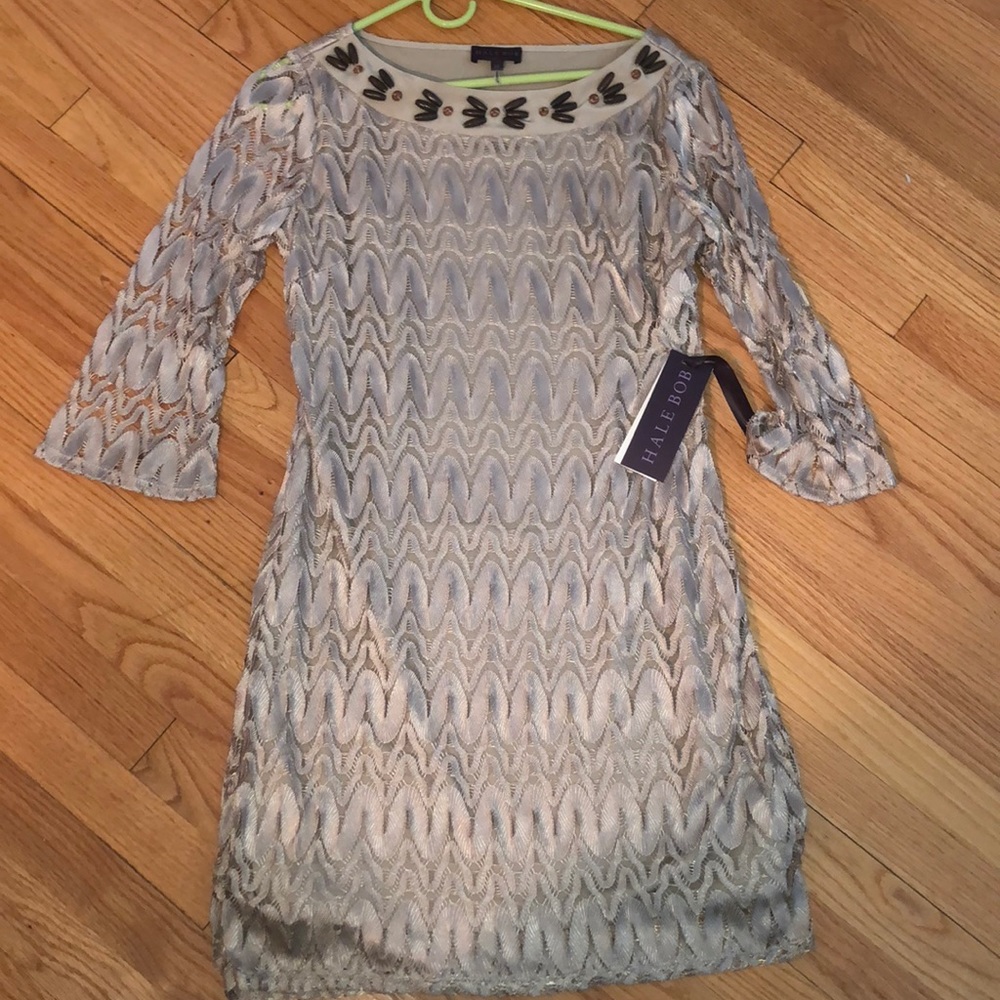 Hale bob gold and nudedress with detailed neckline